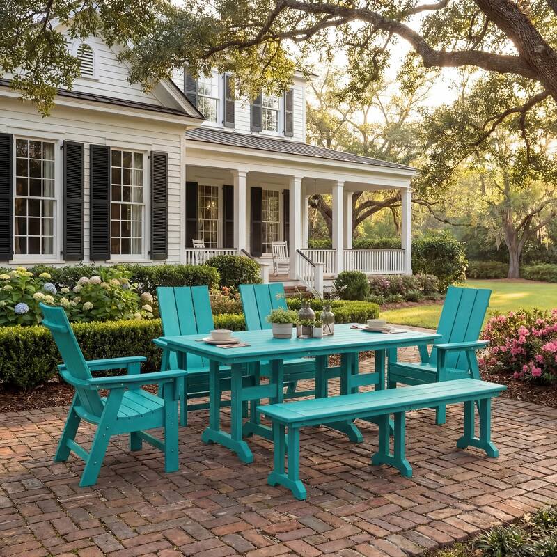 Shoreside 6-Piece Rectangular Poly Eco-Friendly All Weather Outdoor Dining Set with Bench - Turquoise