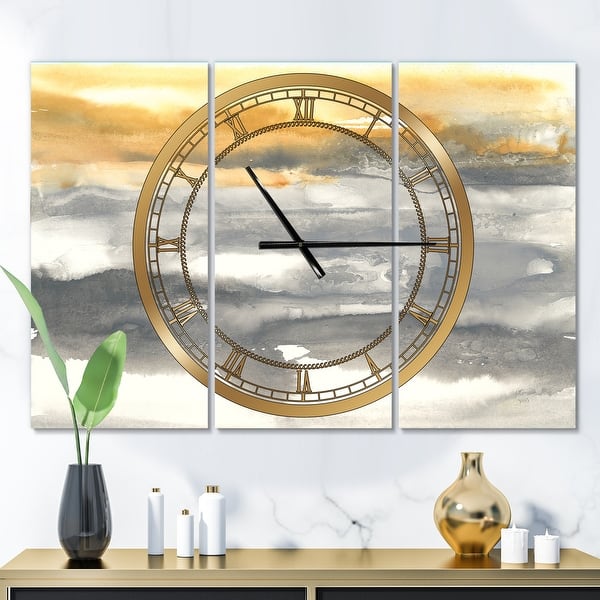 slide 2 of 6, Designart 'Gold Glamour Direction II' Glam 3 Panels Oversized Wall CLock - 36 in. wide x 28 in. high - 3 panels