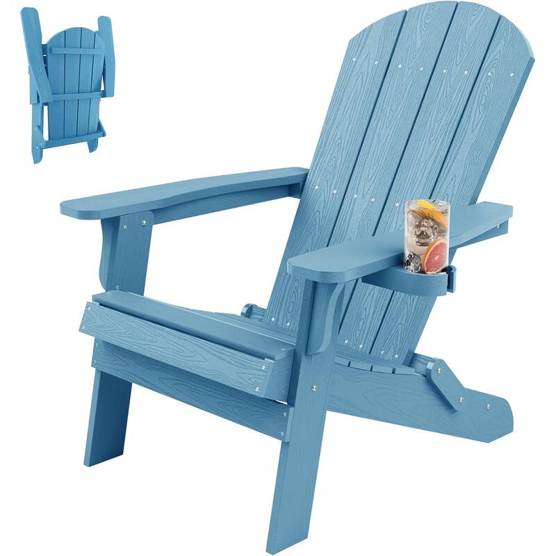 WINSOON All Weather HIPS Oversized Folding Adirondack Chair with Cup Holder - Blue
