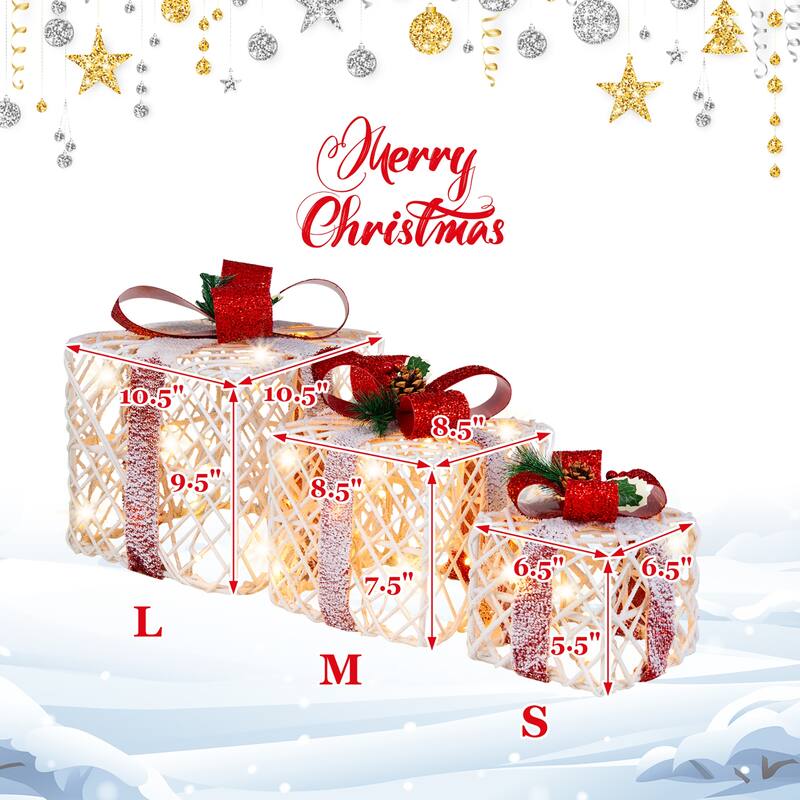 Costway Set of 3 Christmas Lighted Gift Boxes, Indoor Present Box - 9.5''x 9.5''x 10.5''(L x W x H)