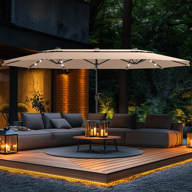 MAISON ARTS 15ft 2-Tier Vented Large Patio Umbrella with Solar Lights, Double-Sided Outdoor Market Umbrellas with Base Included - BeigeMix-Lights