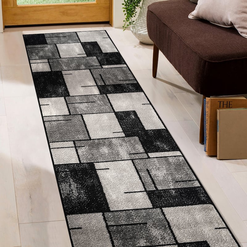 Modern Linear Area Rug for Living Room, Bedroom, or Entryway - Low Pile Indoor Rug - Black - 2' 3" x 8'