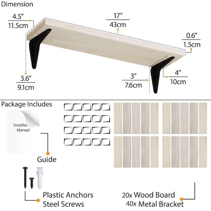Wallniture Arras 17x4.5" Floating Bookshelves, Hanging Shelves for Living Room, Farmhouse Decor, Custom Finish and Piece Options