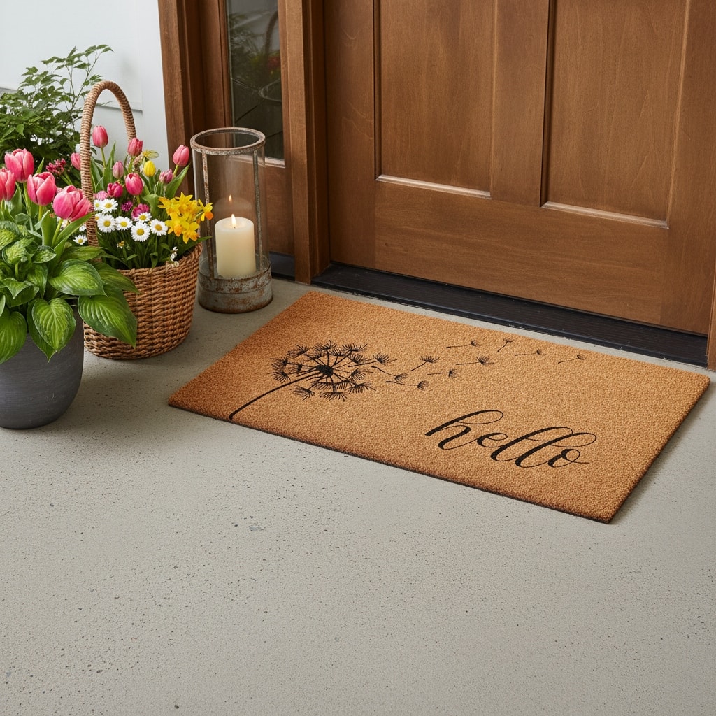 HomeRoots 24" X 36" Brown And Black Floral Hello Outdoor Coir Door Mat - 24.00' X '36.00
