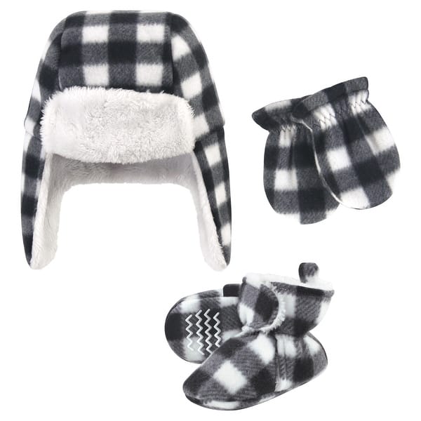 slide 1 of 1, Hudson Baby Unisex Baby Trapper Hat, Mitten and Bootie Set, Black White Plaid 0-6 Months - Black White Plaid