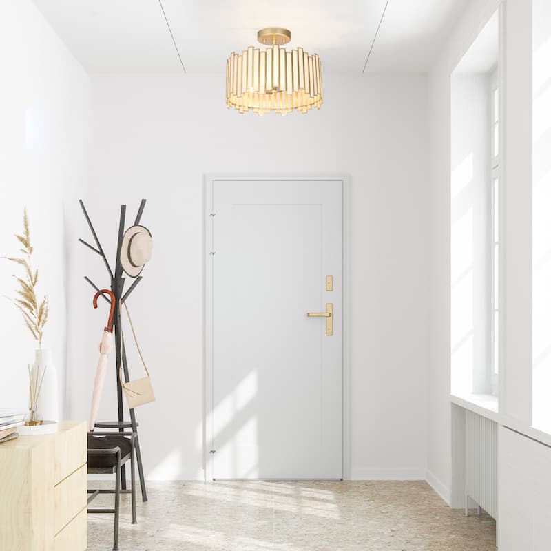 Modern Gold 3-Light Chandelier Metal Drum Semi-Flush Mount for Dining Room - 12.6" D x 10.2" H