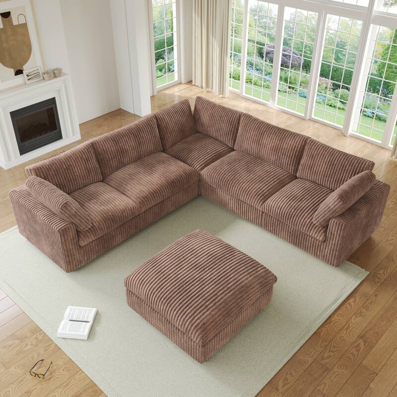 Cloud Corner Sofa Soft Plush Upholstered Modular Sectional Sofa Down Filled Living Room Couch - Tan with Ottoman