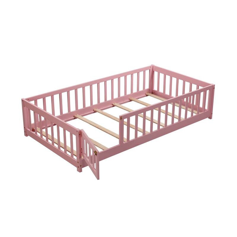 Twin size Floor Platform Bed with Fence and Door