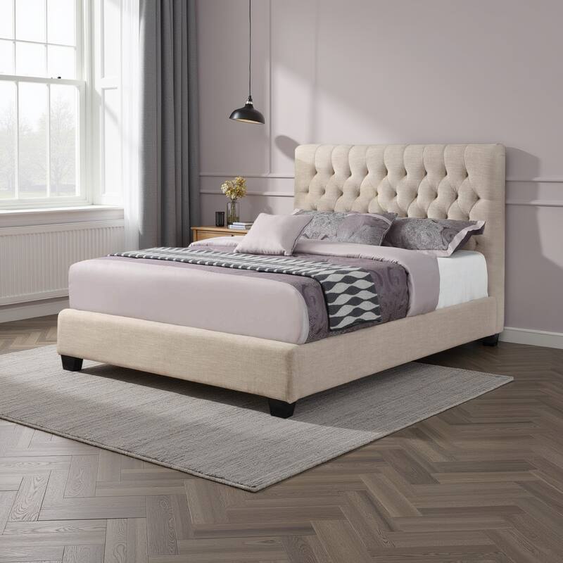 Wooden Eastern King Size Bed with Button Tufted Headboard, Beige