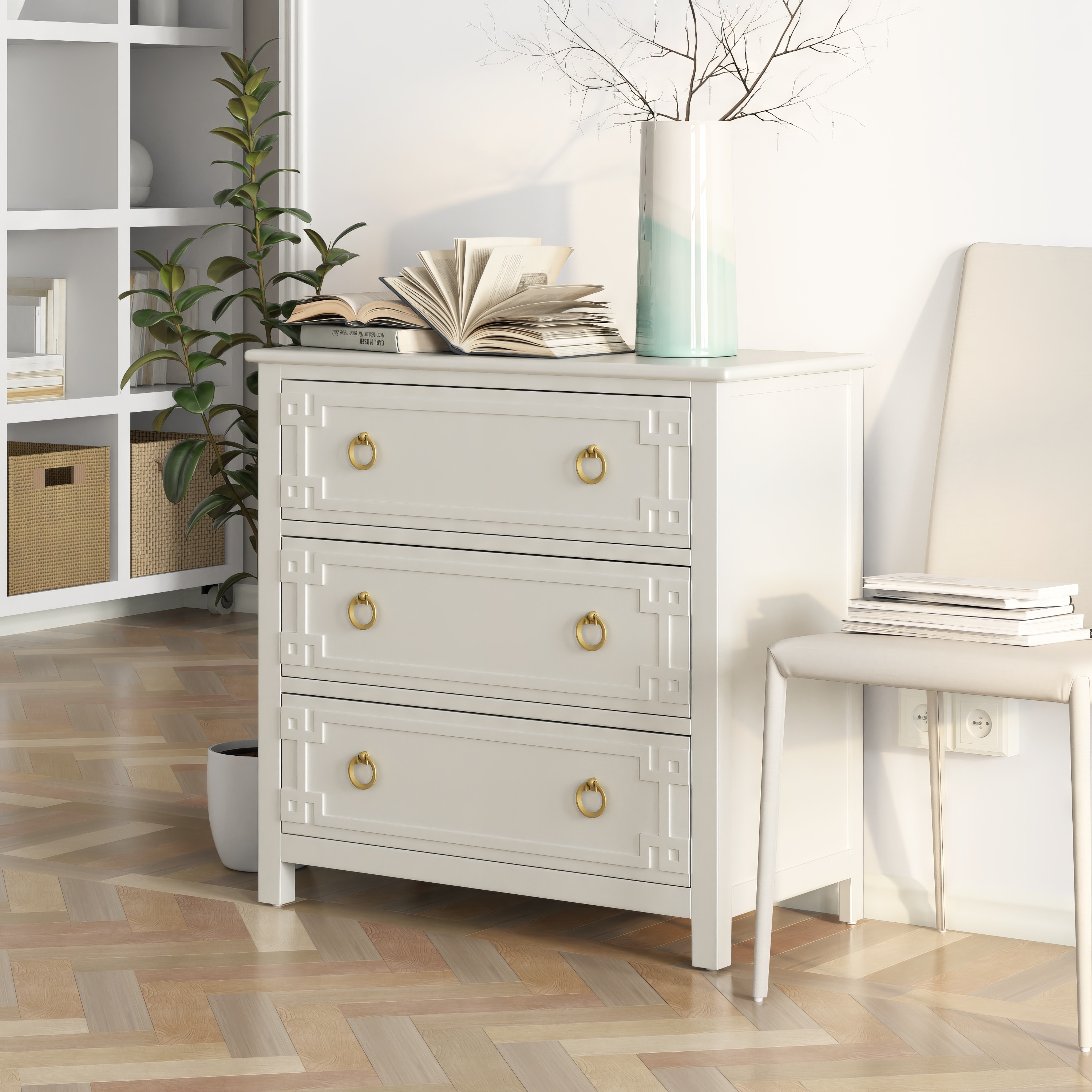 COZAYH Farmhouse 3-Drawer Dresser, Rustic Chest of Drawers with Embossed Geometric Lines, French Country, Fully-Assembled