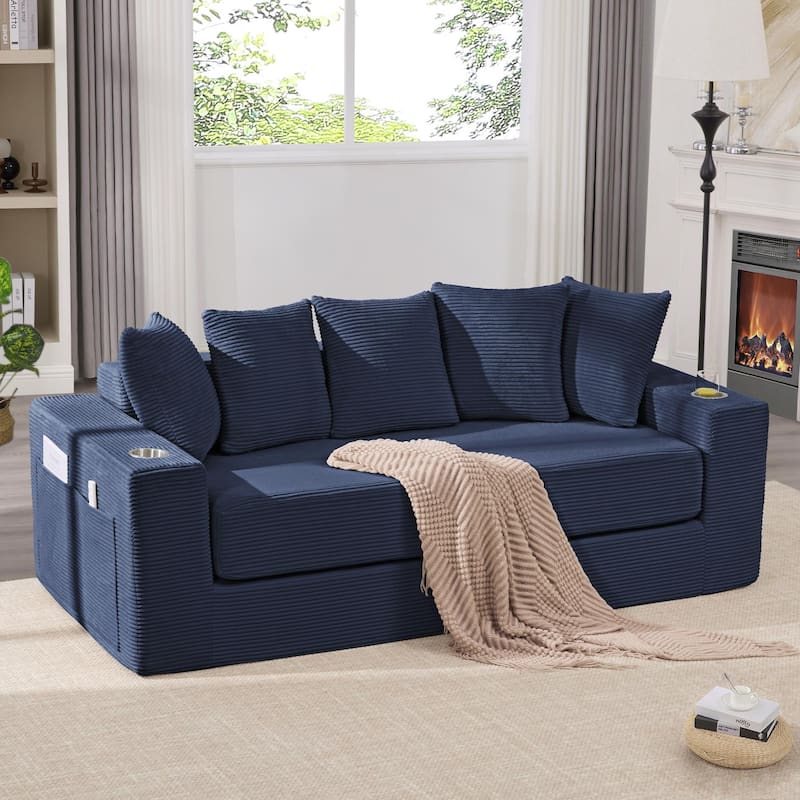 Convertible Corduroy Sleeper Loveseat Sofa Bed 3 Seater Floor Folding Couch with 5 Pillows, Cup Holders and Side Pockets - Blue