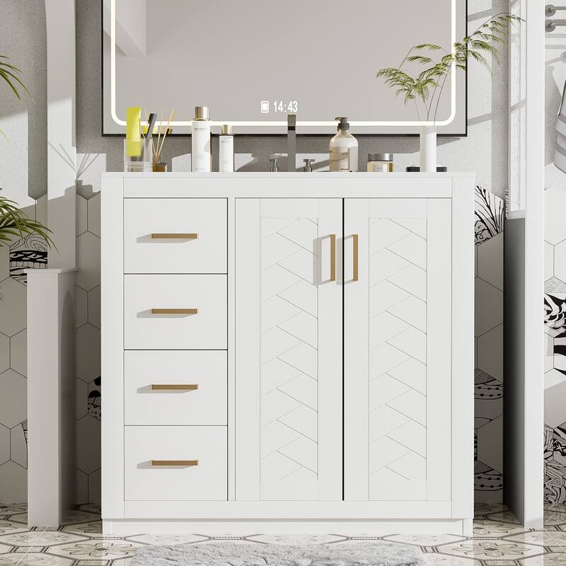36'' Bathroom Vanity with Ceramic Sink Combo, Solid Wood Frame Bathroom Storage Cabinet with 3 Drawers& Soft Closing Doors - White