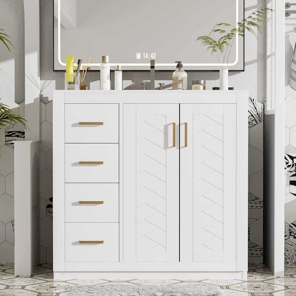 GDFStudio - Montclair Modern Freestanding Bathroom Vanity with Ceramic Sink and 3 Storage Drawers & Soft Closing Doors - 36'W