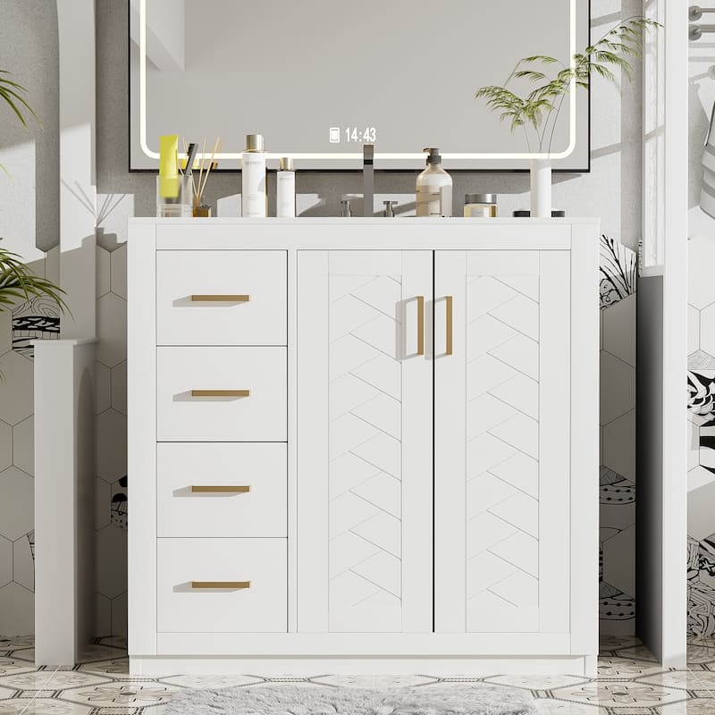 GDFStudio - Montclair Modern Freestanding Bathroom Vanity with Ceramic Sink and 3 Storage Drawers & Soft Closing Doors - 36'W - White