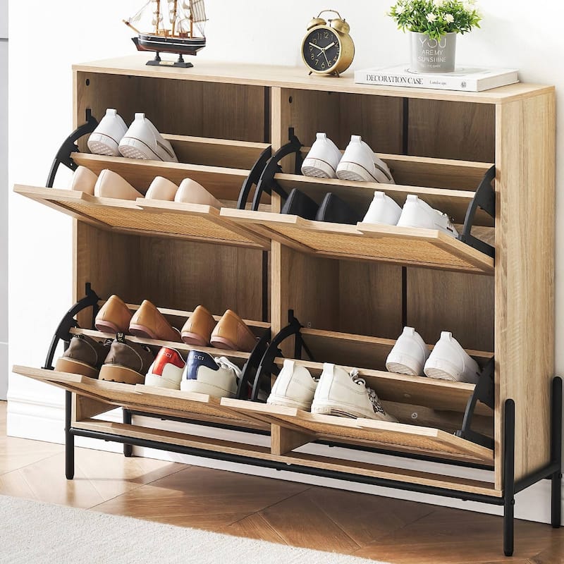 Natural Rattan 4 Flip Door Shoe Storage Cabinet