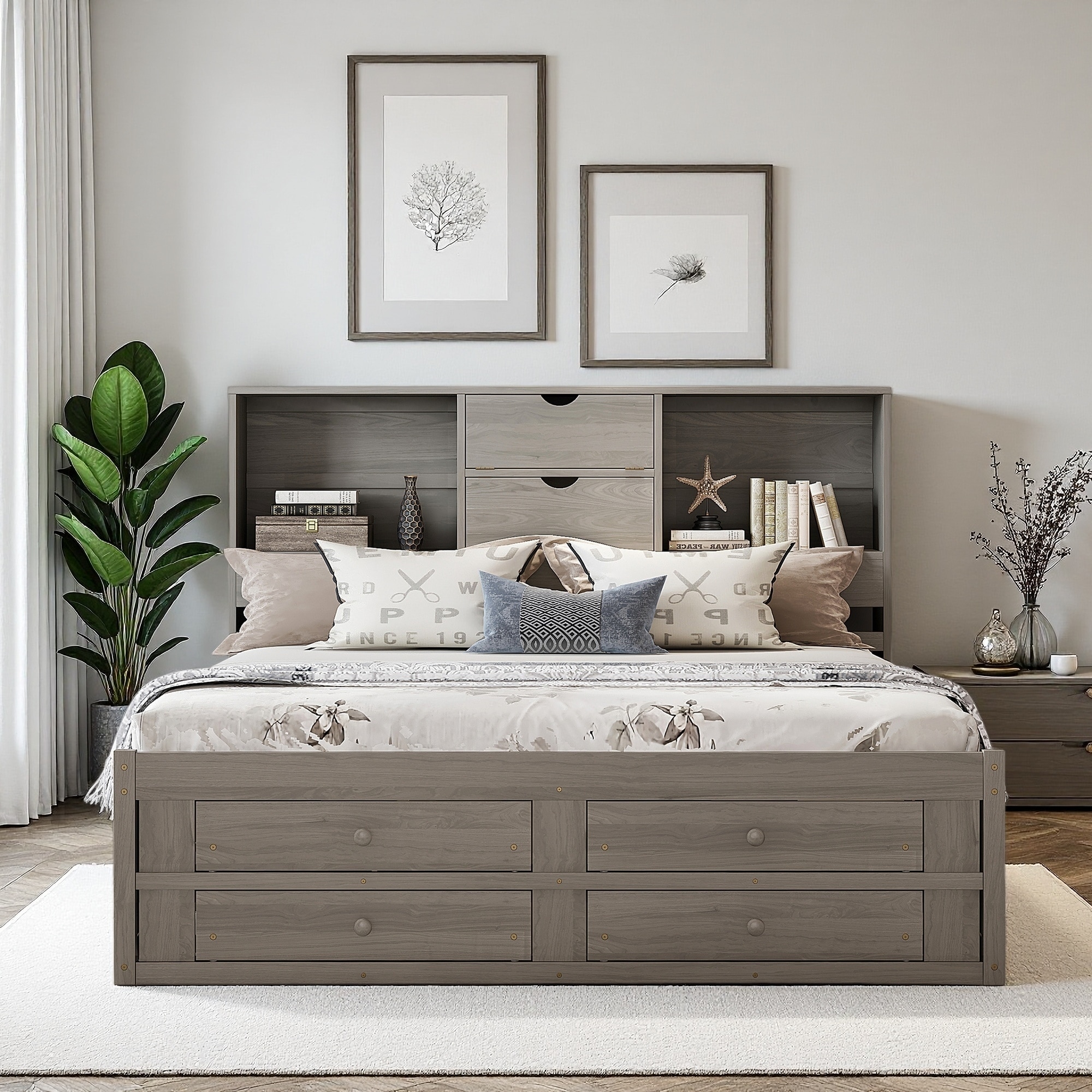 Wood Platform Bed with Storage Headboard, and 8 Drawers