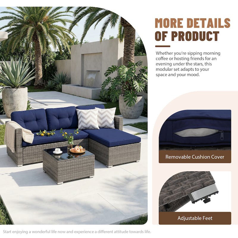 L-Shaped Outdoor Sectional Sofa, PE Wicker Patio Sofa Set with Table and Cushions