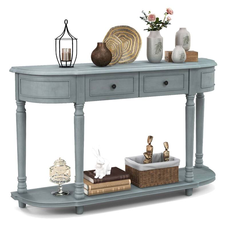Costway 52'' Long Sofa Table with 2 Drawers & Open Shelf Retro Console - See Details - Blue - See Details