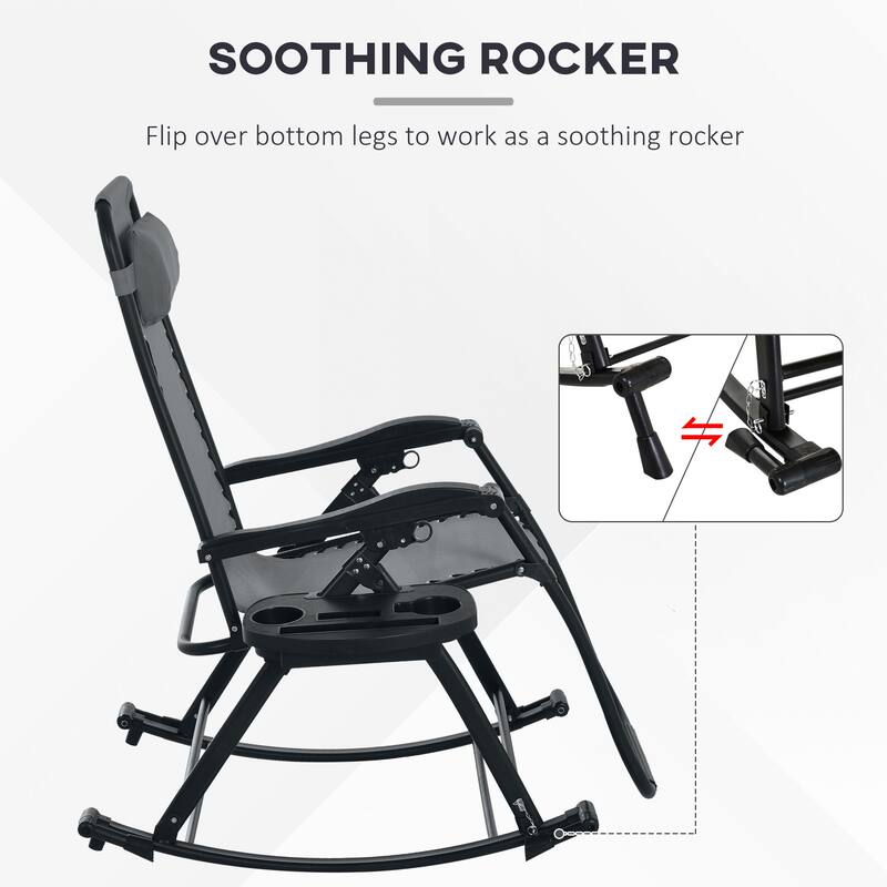 2 Pieces Outdoor Rocking Chairs, Foldable Reclining Zero Gravity Lounge Rocker with Pillow, Cup and Phone Holder