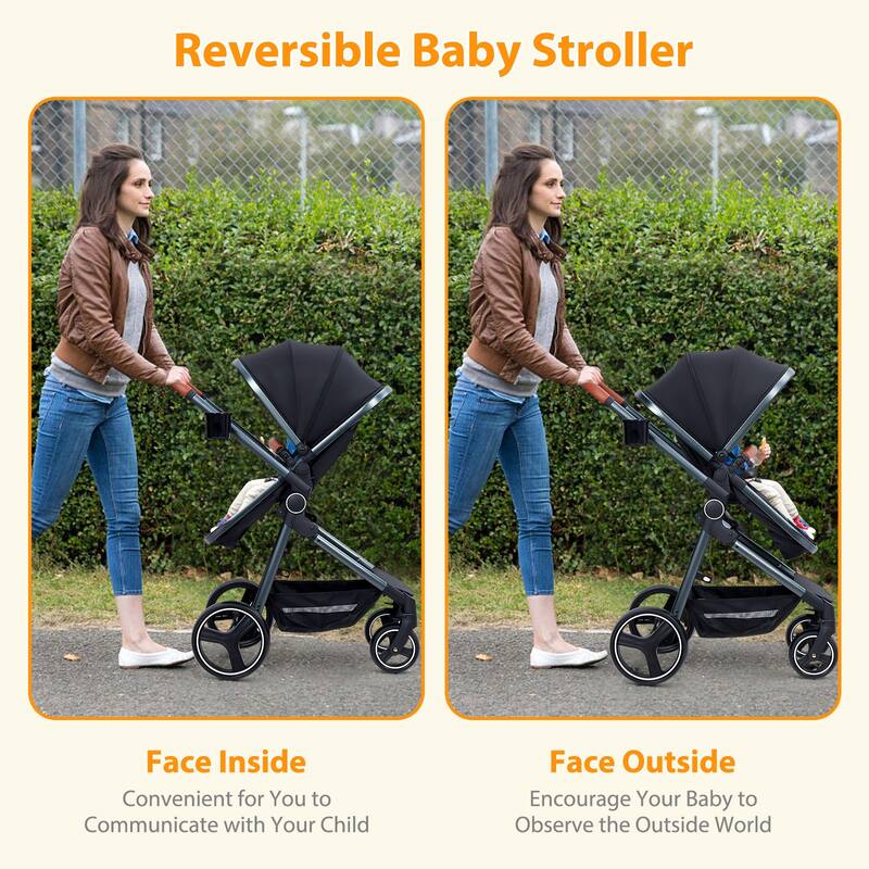 3-in-1 Reversible Baby Stroller with Adjustable Backrest and Canopy