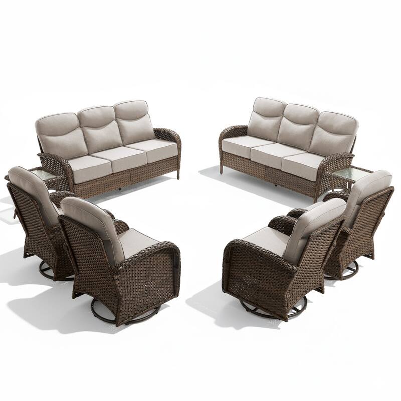 Luna 8-Piece Wicker Patio Conversation Set with Swivel Gliders and 6-Inch Thick Olefin Cushions