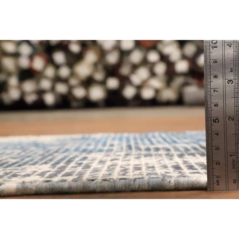 Hand Knotted Oriental Viscose Silk Carpet Modern Abstract Navy Blue & Blues Abstract Area Rug - 4' 0'' X 2' 0''