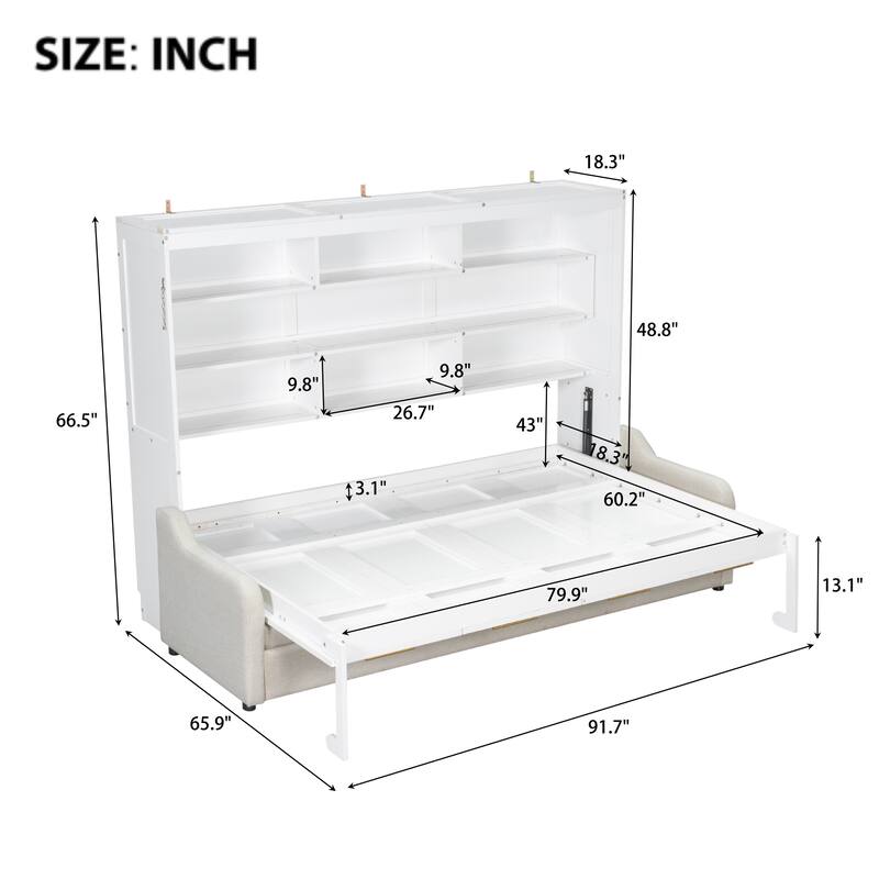 Full/Queen Size Murphy Bed with Fold-Out Sofa, LED Light, Storage Shelves, and Safety Lock - No Box Spring Needed