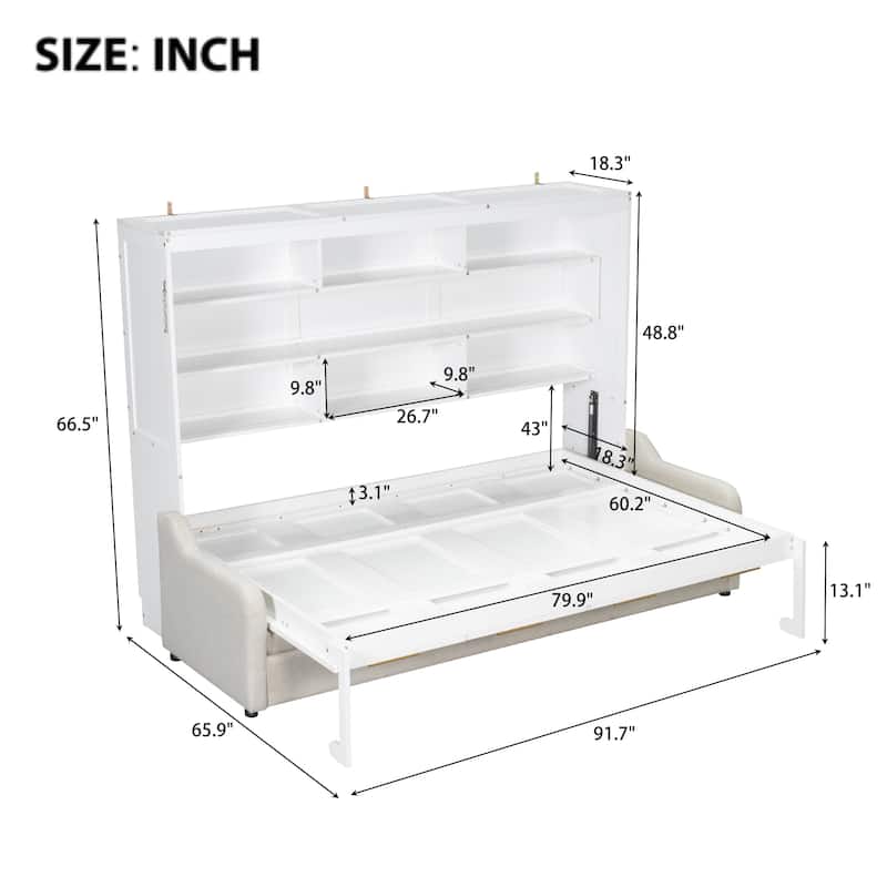 Murphy Bed Wood Cabinet Bed with Folding Sofa, Hideaway Wall Bedframe with Built-in Storage Shelves and LED Lights