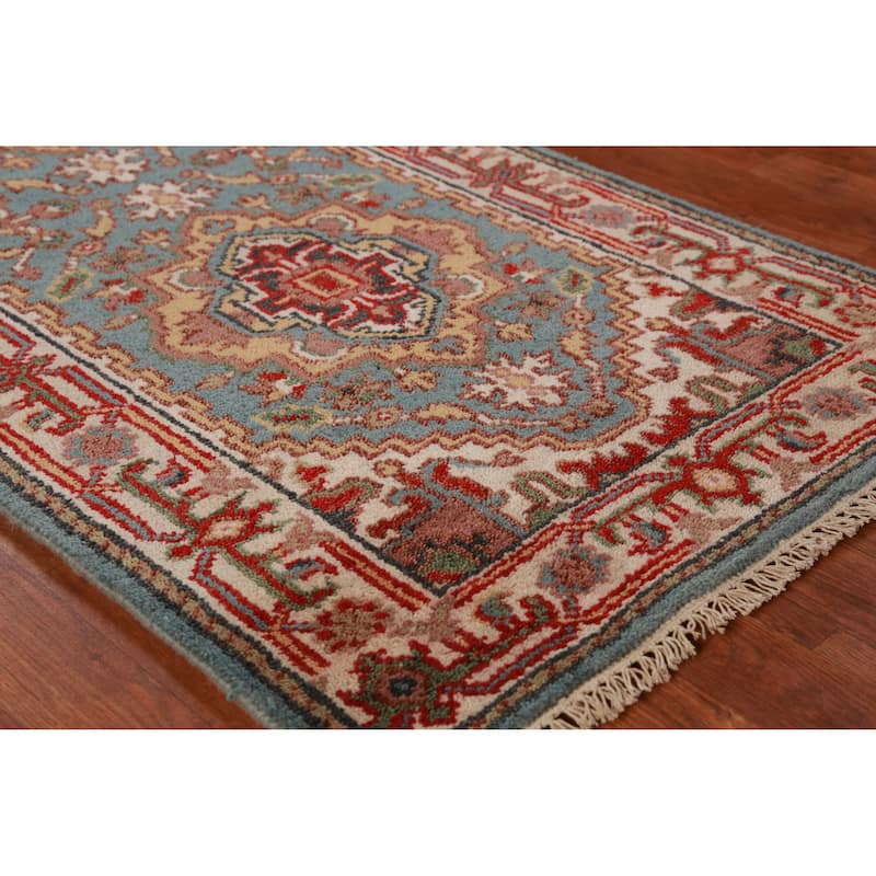 Light Blue Geometric Heriz Serapi Runner Rug Handmade Wool Carpet - 2'8"x 15'9" - 2'8"x 15'9" - Blue