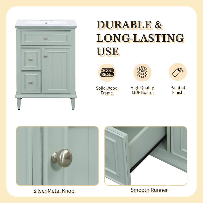 24" Bathroom Vanity with Sink, Flip Drawer, 2 Side Drawers, Solid Wood Frame, Ceramic Top, Freestanding Cabinet