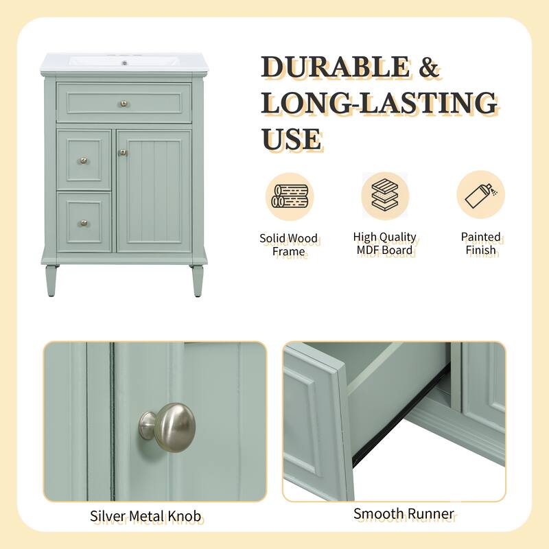 24" Bathroom Vanity with Sink - Solid Wood/MDF Cabinet, Flip Drawer + 2 Drawers, Adjustable Shelf