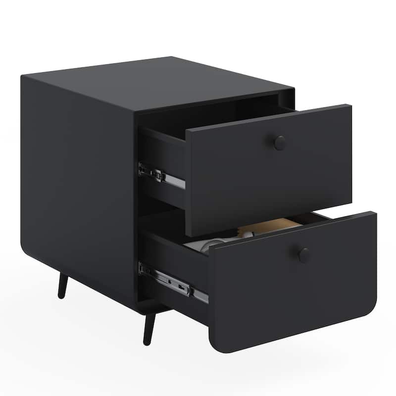 Night Stand Wooden End Table, Bedside Furniture Bedside聽Table with 2 Circular Handle Drawers, Nightstand Steel Frame Cabinet