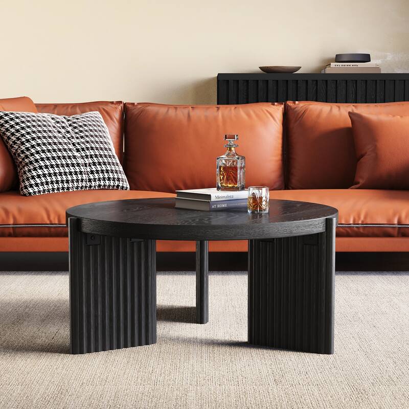 JASIWAY Black Wood Round Coffee Table with Fluted Legs