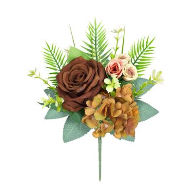 Set of 4 Brown Artificial Delicate Mixed Rose Hydrangea Flower Stem Bush Bouquet 11in - 11" L x 9" W x 6" DP