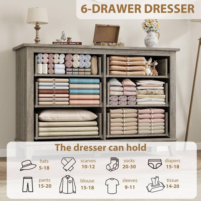 6 Dresser for Bedroom, 47" Wide Drawer Dresser with Storage Freestanding, Wooden Closet Storage
