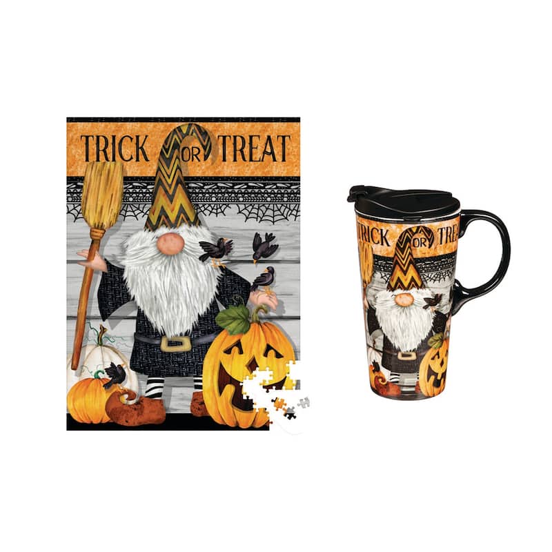 17 OZ Ceramic Cup and Puzzle Gift Set, Trick Or Treat Gnome