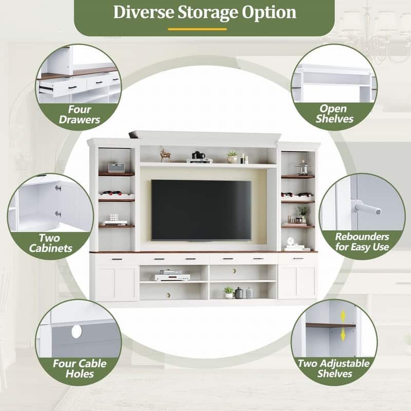 108.2"W Farmhouse 4-Piece Entertainment Wall Unit Set with Bookshelf for TVs Up to 70"