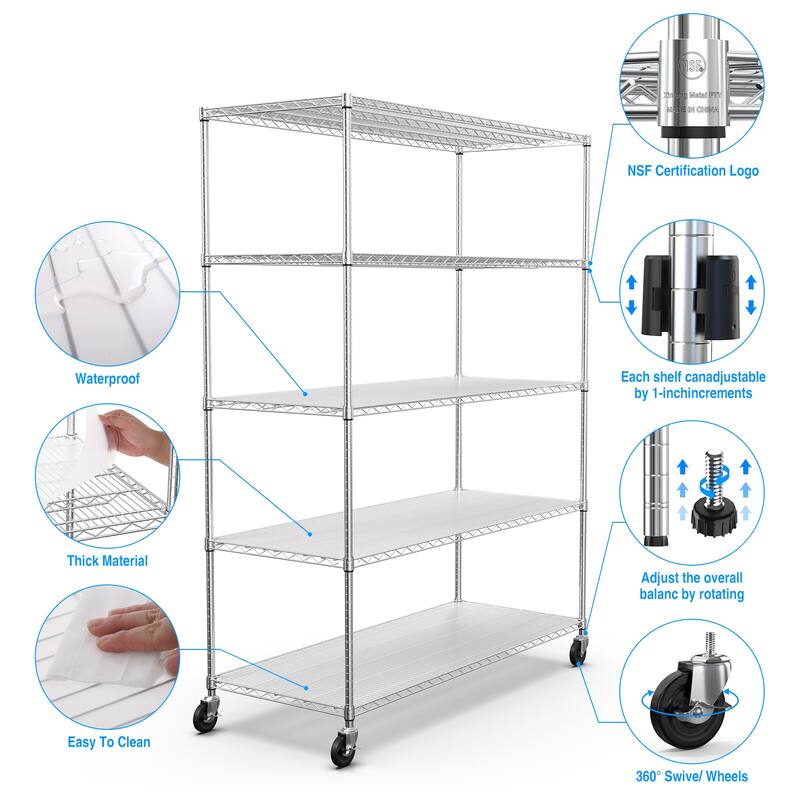 5 Tier Adjustable Metal Wire Shelf Unit with Wheels and Shelf Liners