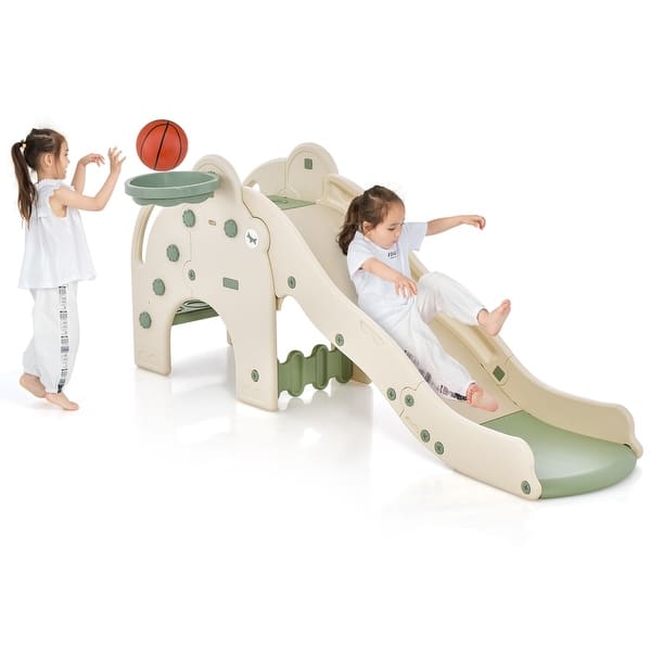 slide 2 of 10, Costway 3-in-1 Toddler Slide with Buffer Zone Basketball Hoop & Ball - See Details Green + White - See Details - Toddler