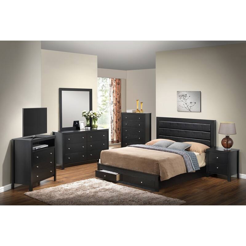 Solid Padded Upholstered Panel Full Bed with Drawers - 81" - Black