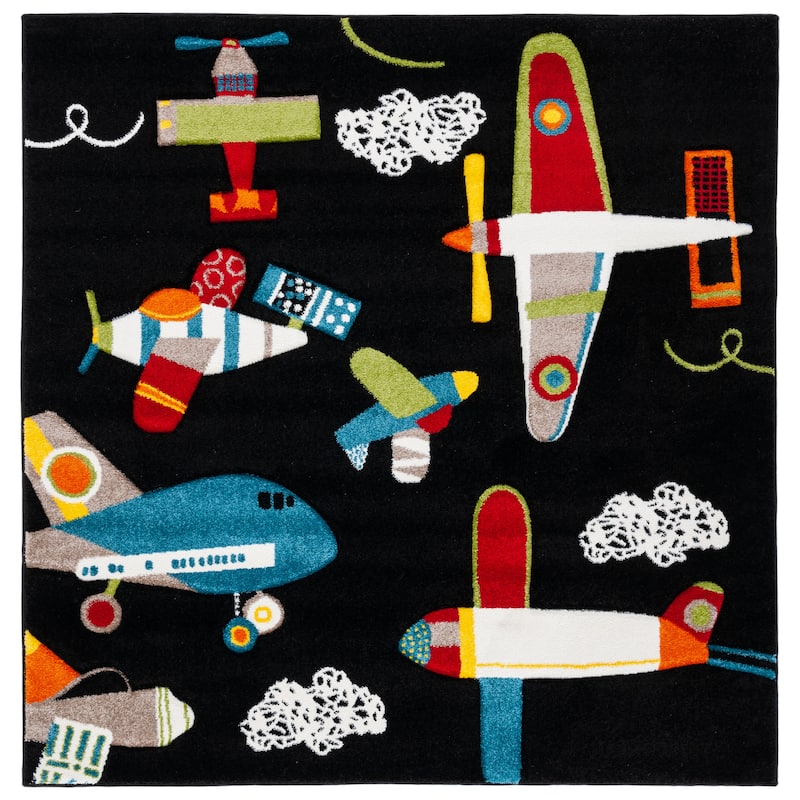 SAFAVIEH Carousel Kids Ardak Airplane Rug - 5'3" Square - Black/Ivory - Square