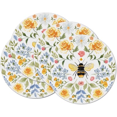 Floral Bee 4 Pack Round Reversible Easy Care Flexible Plastic Placemats Made in The USA Reversible Flexible Easily Wipes Clean