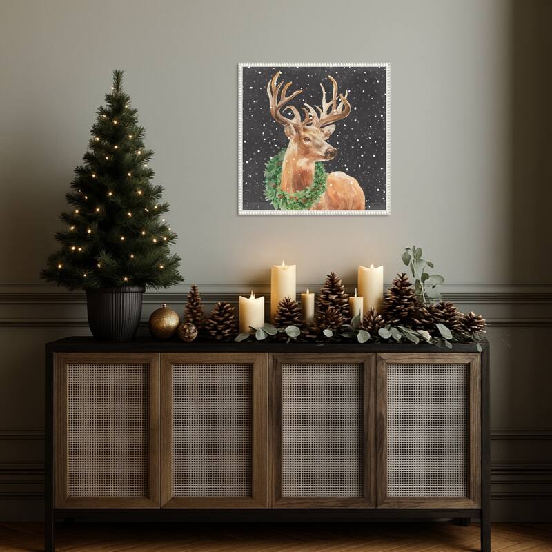 Woodland Holidays Stag Black by Danhui Nai (22 x 22 in.), Framed Canvas Wall Art Print - Sylvie Beaded White