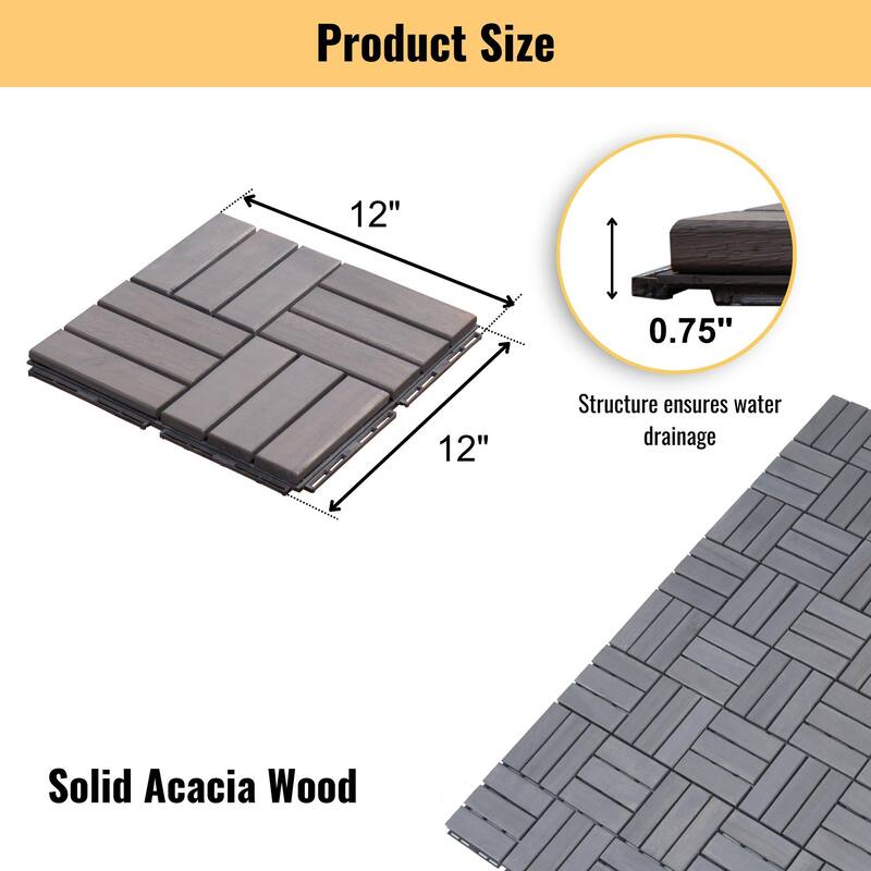 12" x 12" Light Gray Square Acacia Hardwood Outdoor Flooring