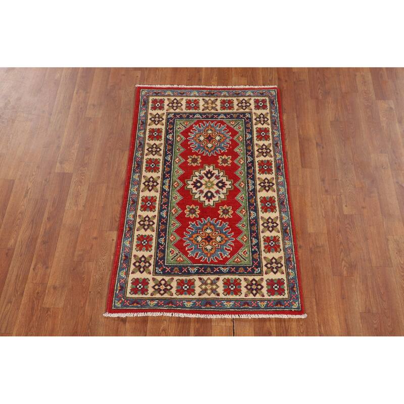 Kazak Foyer Rug Hand-Knotted Red Geometric Wool Carpet - 2'6" x 4'1"