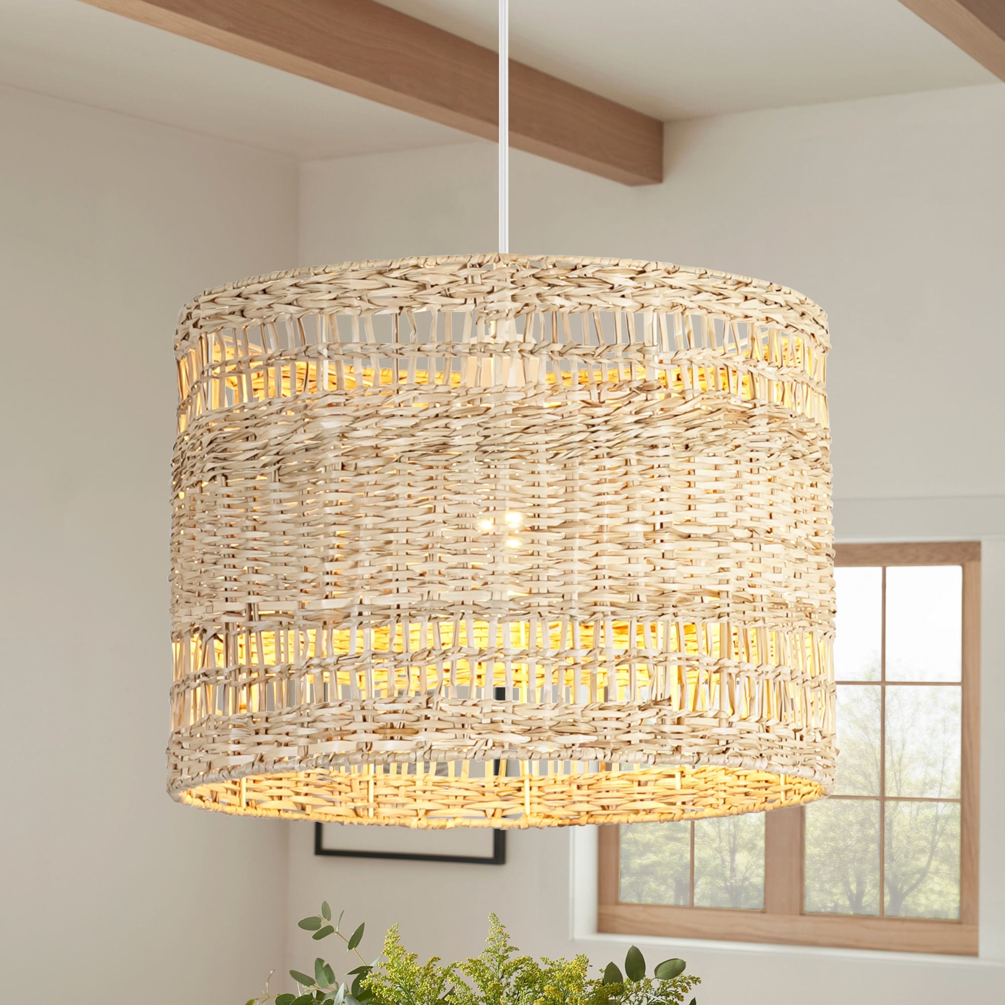 1-Light Boho Coastal Cylindrical Drum Woven Pendant Light with Matte White Finish and Herbaceous Rattan Shade