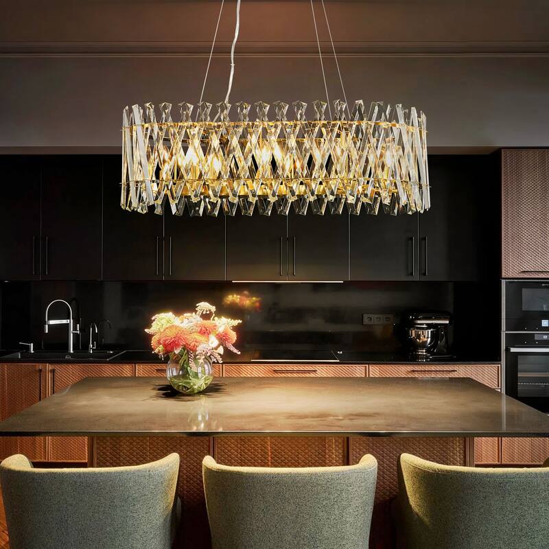 8-Light Brushed Gold Modern Luxury Iron & Cut Glass Chandelier Light with Adjustable Height for Living & Dining Rooms