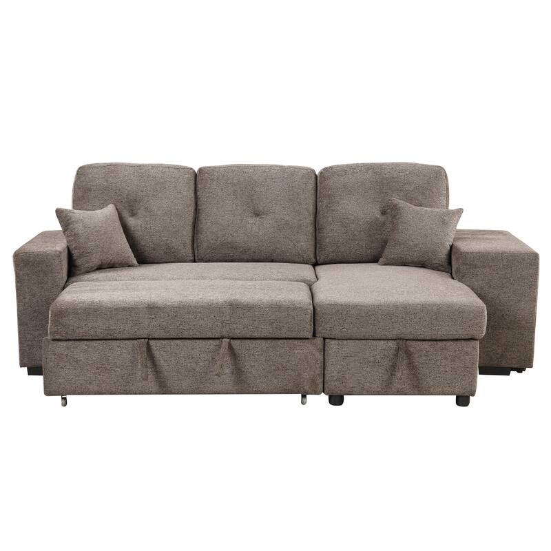 95" Reversible Sleeper Sofa Pull-Out Sofa Bed with Side Shelf and 2 Stools, Storage Chaise Left/Right Hande for Living Room