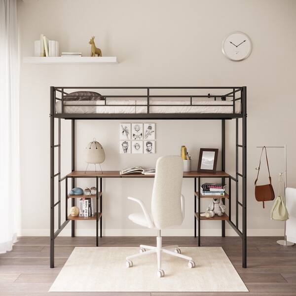 slide 2 of 15, Black Twin Size Metal Loft Bed with Table, Shelves, Heavy-duty Sturdy Metal, Built-in Table, Safety Guardrail Black