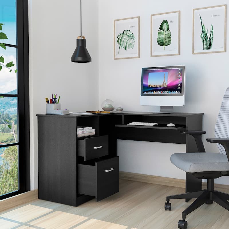 Modern L-Shaped Desk with Retractable Keyboard Tray, Sleek Metal Handles, and Sturdy Particle Board Design for Office Use